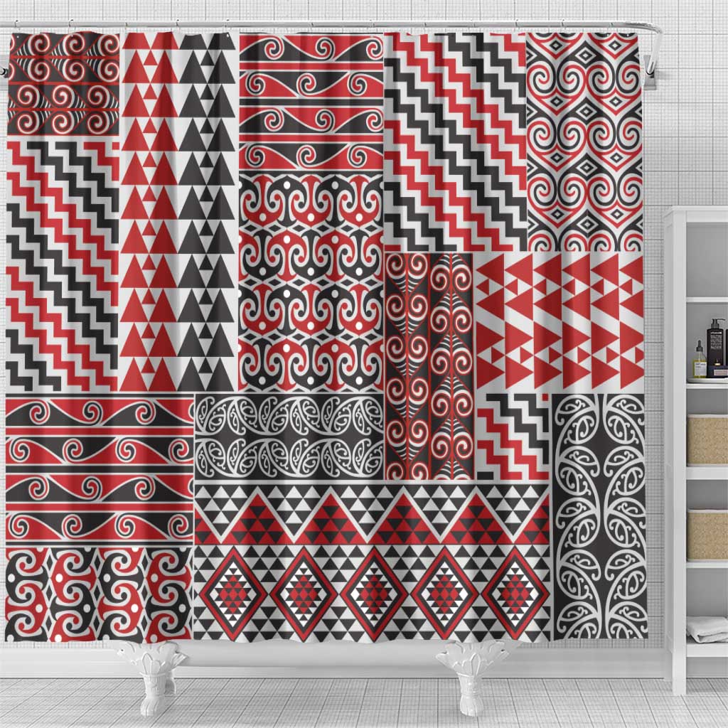 Aotearoa Kowhaiwhai Taniko Patchwork Motifs Shower Curtain