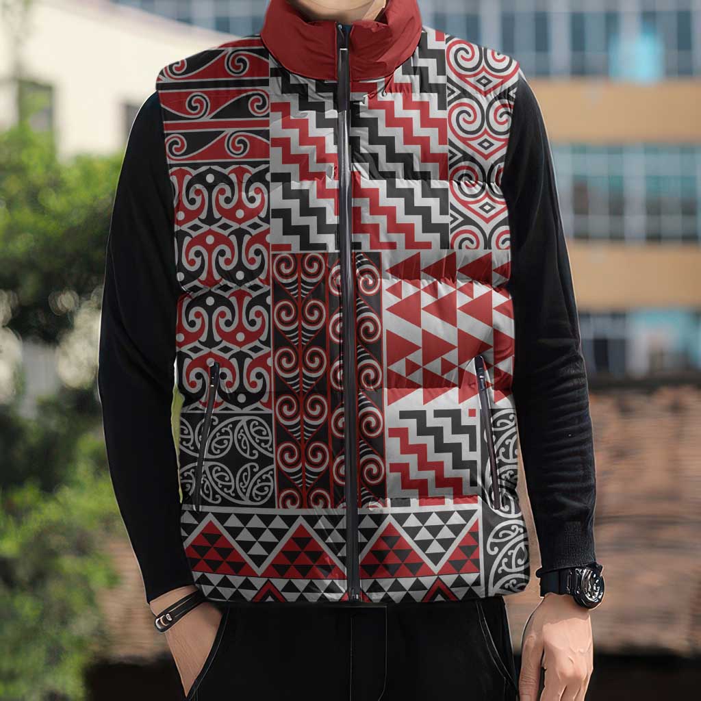 Aotearoa Kowhaiwhai Taniko Patchwork Motifs Sleeveless Puffer Jacket - Polynesian Pride
