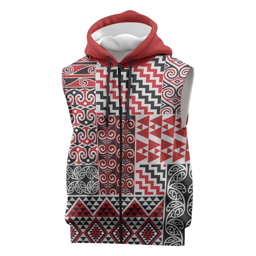 Aotearoa Kowhaiwhai Taniko Patchwork Motifs Sleeveless Zip Hoodie LT9