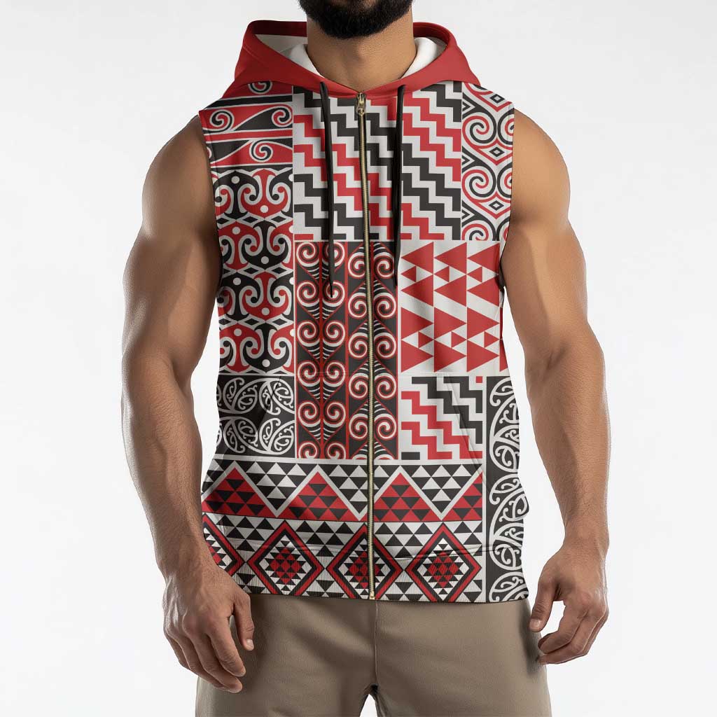 Aotearoa Kowhaiwhai Taniko Patchwork Motifs Sleeveless Zip Hoodie - Polynesian Pride
