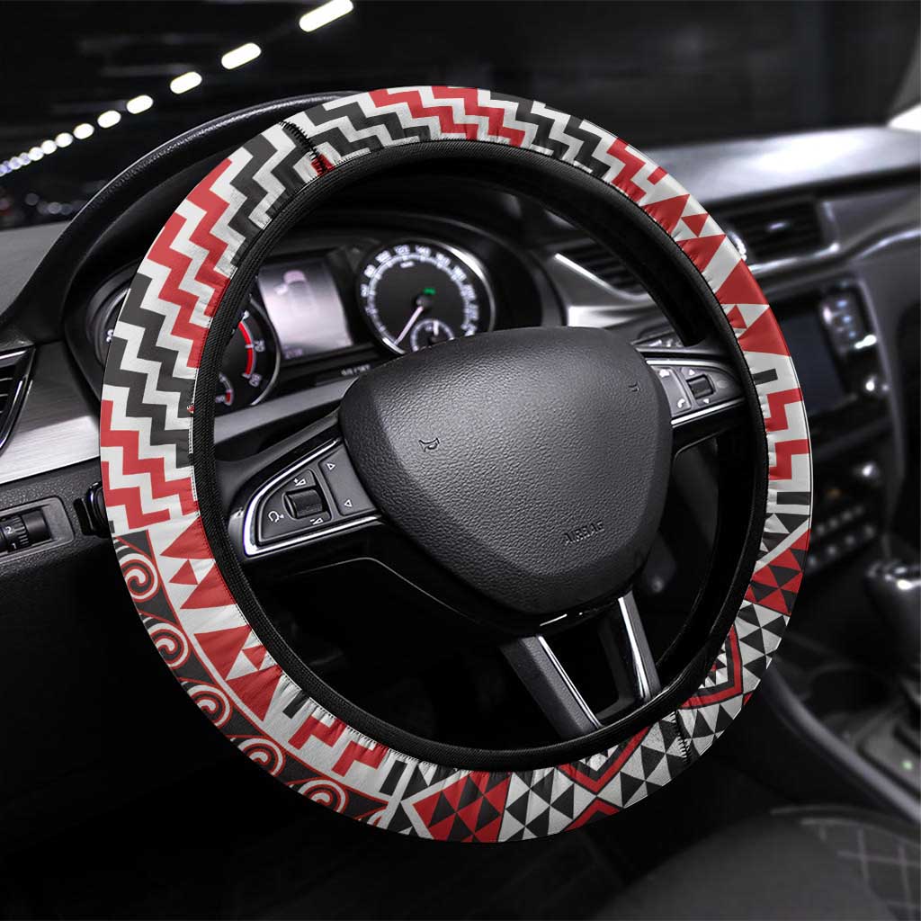 Aotearoa Kowhaiwhai Taniko Patchwork Motifs Steering Wheel Cover LT9 Universal Fit Red - Polynesian Pride