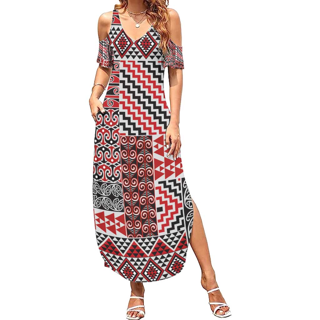 Aotearoa Kowhaiwhai Taniko Patchwork Motifs Summer Maxi Dress LT9 Women Red - Polynesian Pride