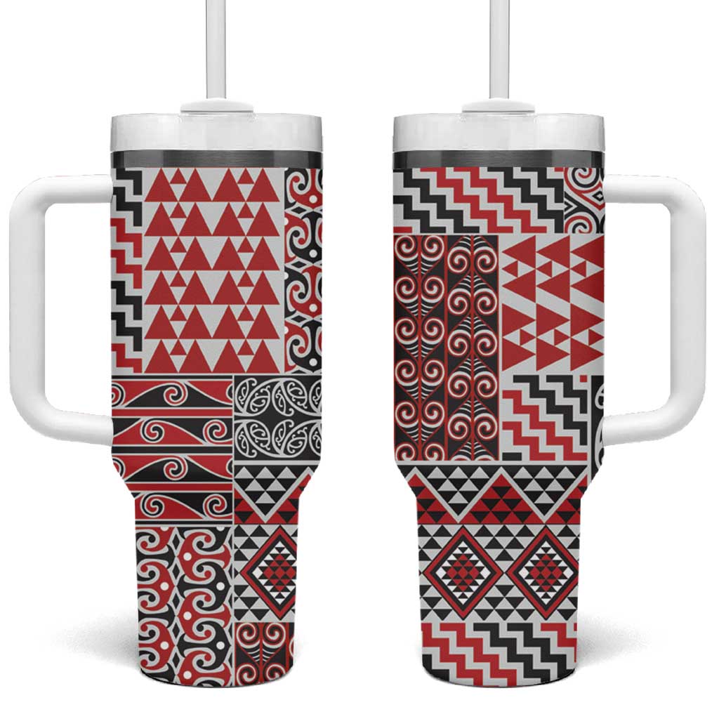Aotearoa Kowhaiwhai Taniko Patchwork Motifs Tumbler With Handle LT9 One Size: 40 oz Red - Polynesian Pride