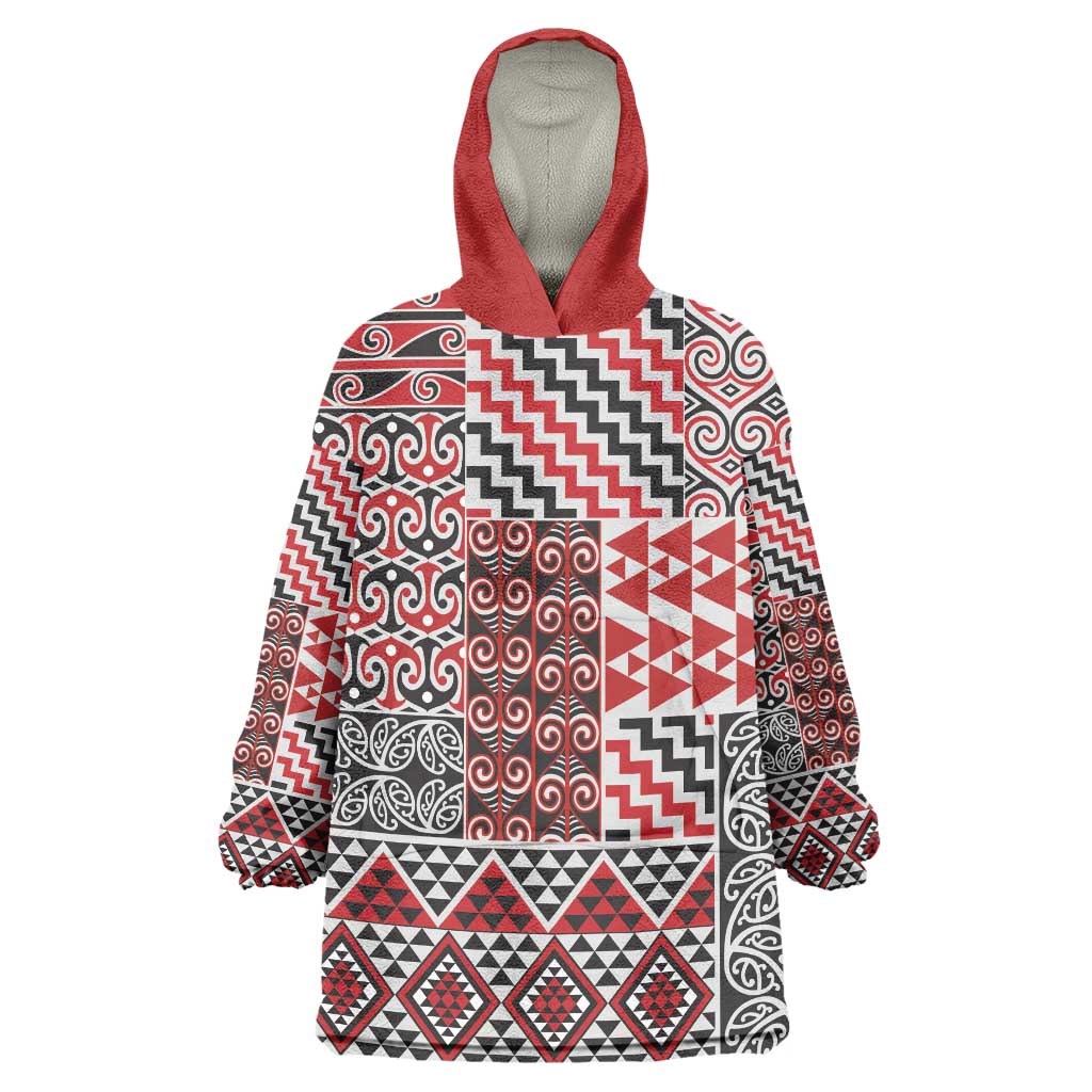 Aotearoa Kowhaiwhai Taniko Patchwork Motifs Wearable Blanket Hoodie LT9 One Size Red - Polynesian Pride