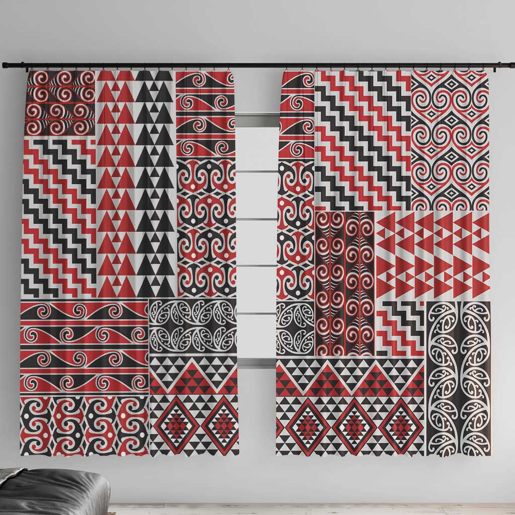 Aotearoa Kowhaiwhai Taniko Patchwork Motifs Window Curtain LT9 With Hooks Red - Polynesian Pride