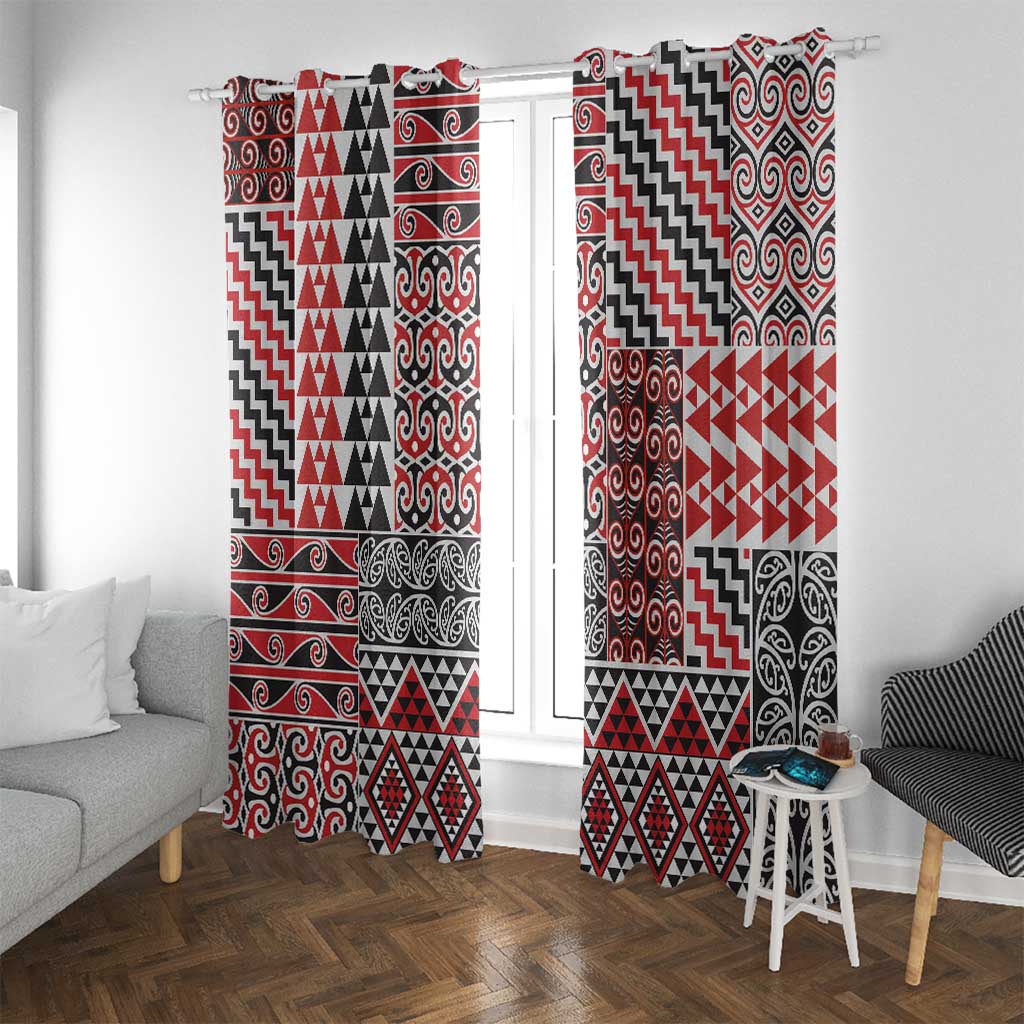 Aotearoa Kowhaiwhai Taniko Patchwork Motifs Window Curtain LT9 With Grommets Red - Polynesian Pride