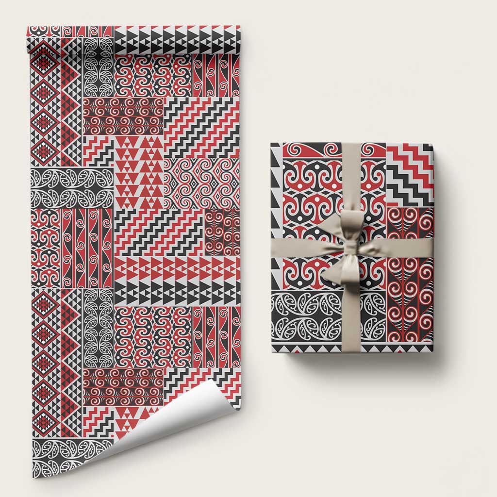 Aotearoa Kowhaiwhai Taniko Patchwork Motifs Wrapping Paper LT9 58" × 23" Red - Polynesian Pride