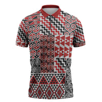 Aotearoa Kowhaiwhai Taniko Patchwork Motifs Zipper Polo Shirt - Polynesian Pride