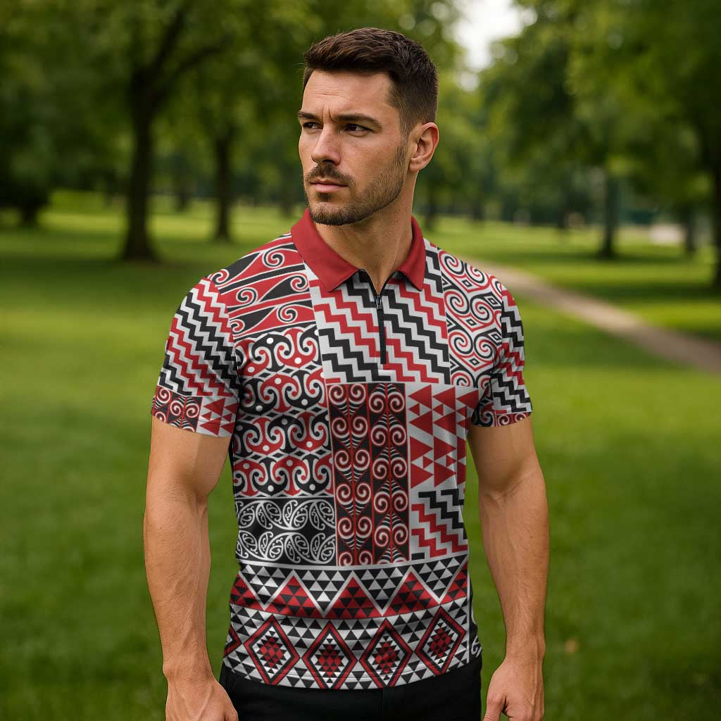 Aotearoa Kowhaiwhai Taniko Patchwork Motifs Zipper Polo Shirt - Polynesian Pride