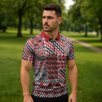 Aotearoa Kowhaiwhai Taniko Patchwork Motifs Zipper Polo Shirt - Polynesian Pride