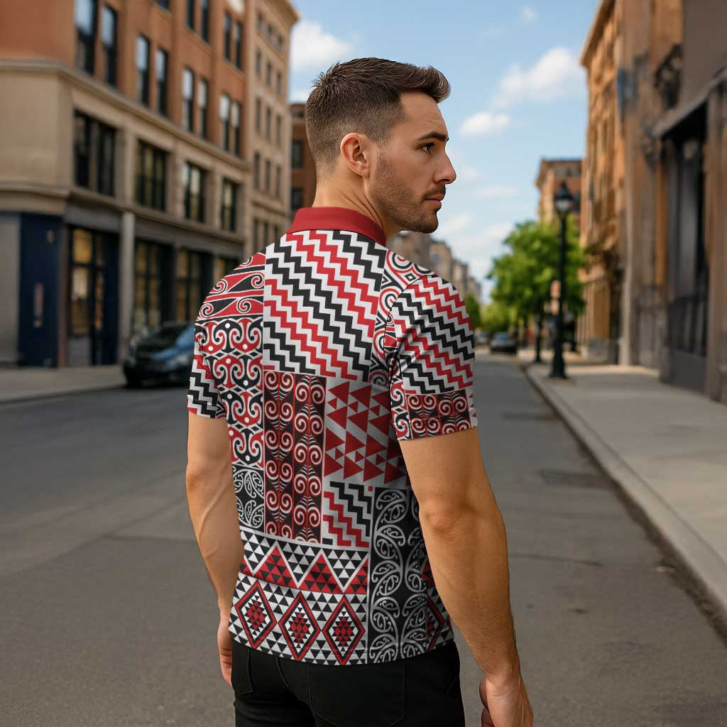 Aotearoa Kowhaiwhai Taniko Patchwork Motifs Zipper Polo Shirt - Polynesian Pride