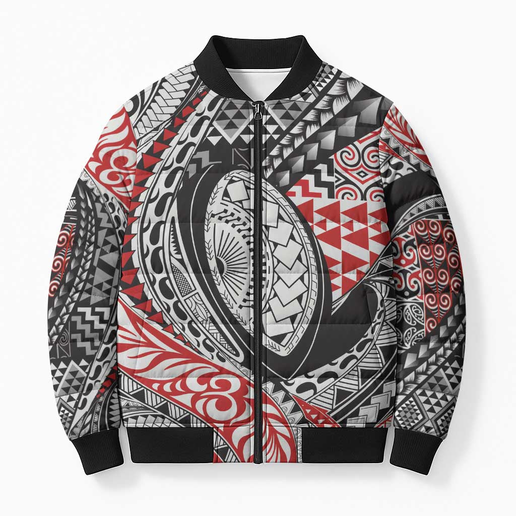 Aotearoa Maori Rugby Tribal Tattoo Bomber Puffer Jacket Kowhaiwhai Taniko Patchwork Motifs - Polynesian Pride