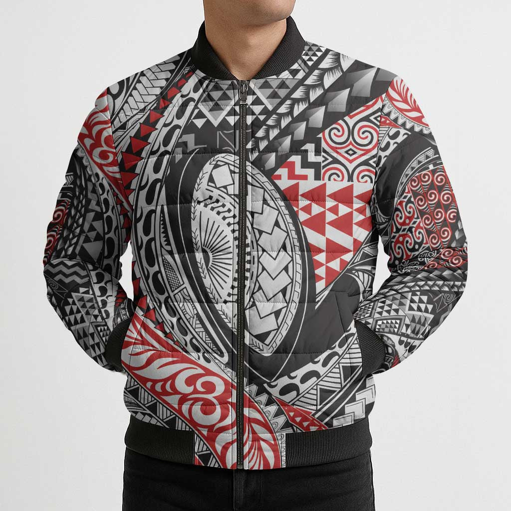 Aotearoa Maori Rugby Tribal Tattoo Bomber Puffer Jacket Kowhaiwhai Taniko Patchwork Motifs - Polynesian Pride