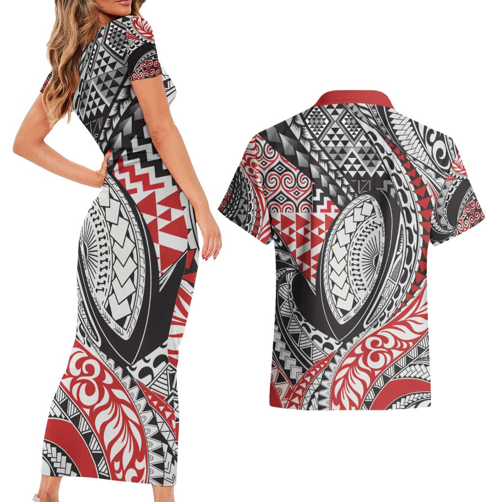 Aotearoa Maori Rugby Tribal Tattoo Couples Matching Short Sleeve Bodycon Dress and Hawaiian Shirt Kowhaiwhai Taniko Patchwork Motifs