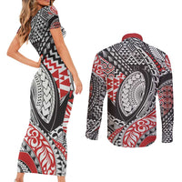Aotearoa Maori Rugby Tribal Tattoo Couples Matching Short Sleeve Bodycon Dress and Long Sleeve Button Shirt Kowhaiwhai Taniko Patchwork Motifs
