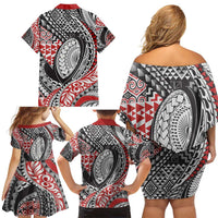 Aotearoa Maori Rugby Tribal Tattoo Family Matching Off Shoulder Short Dress and Hawaiian Shirt Kowhaiwhai Taniko Patchwork Motifs