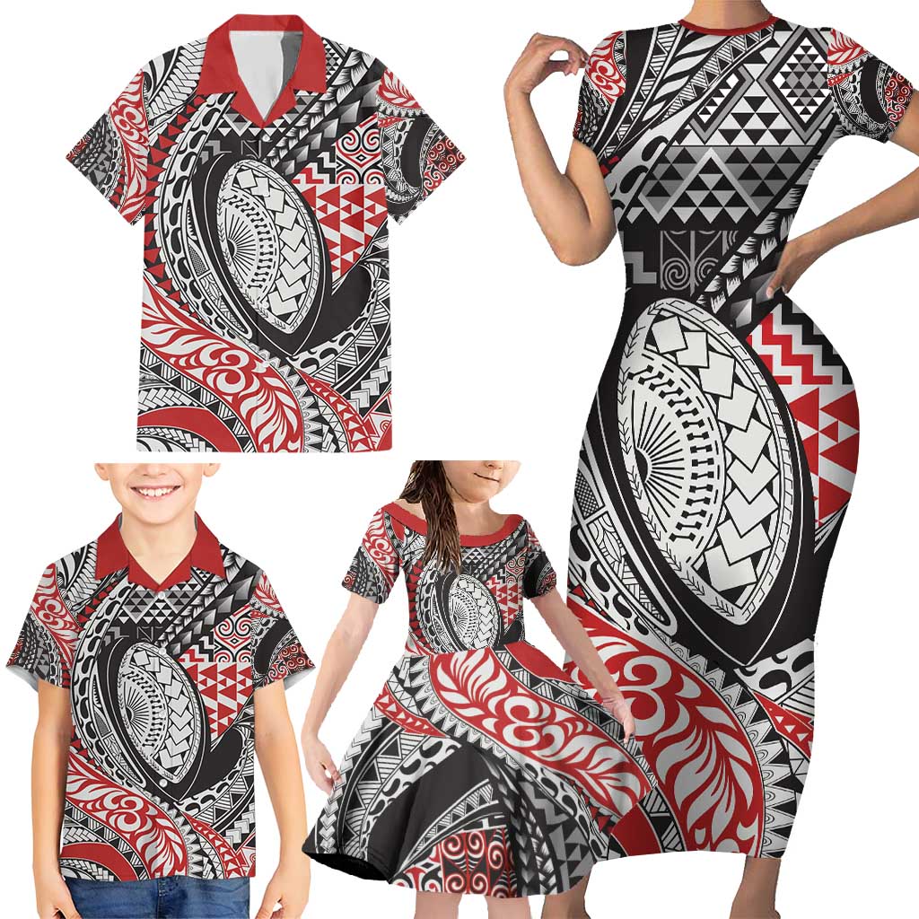 Aotearoa Maori Rugby Tribal Tattoo Family Matching Short Sleeve Bodycon Dress and Hawaiian Shirt Kowhaiwhai Taniko Patchwork Motifs