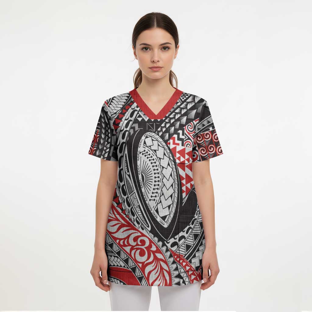 Aotearoa Maori Rugby Tribal Tattoo Scrub Top Kowhaiwhai Taniko Patchwork Motifs - Polynesian Pride