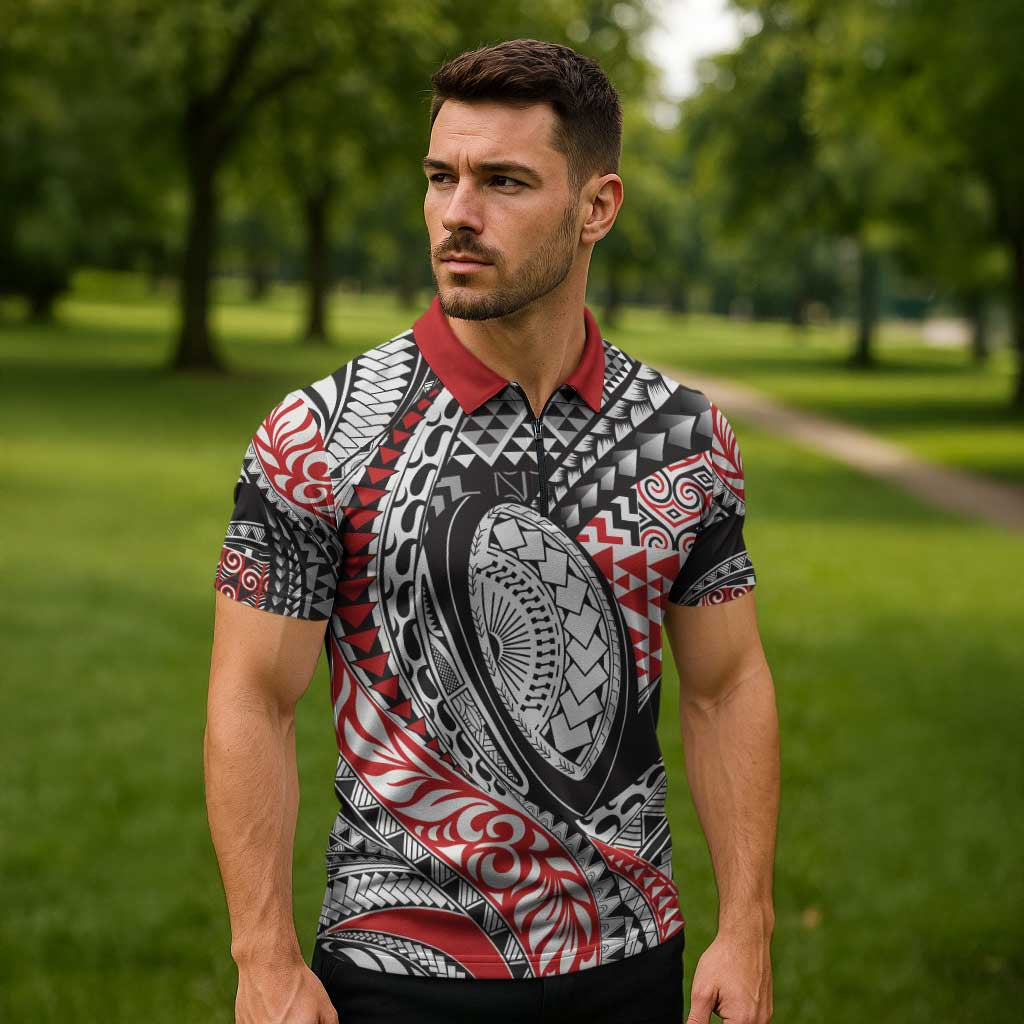Aotearoa Maori Rugby Tribal Tattoo Zipper Polo Shirt Kowhaiwhai Taniko Patchwork Motifs - Polynesian Pride