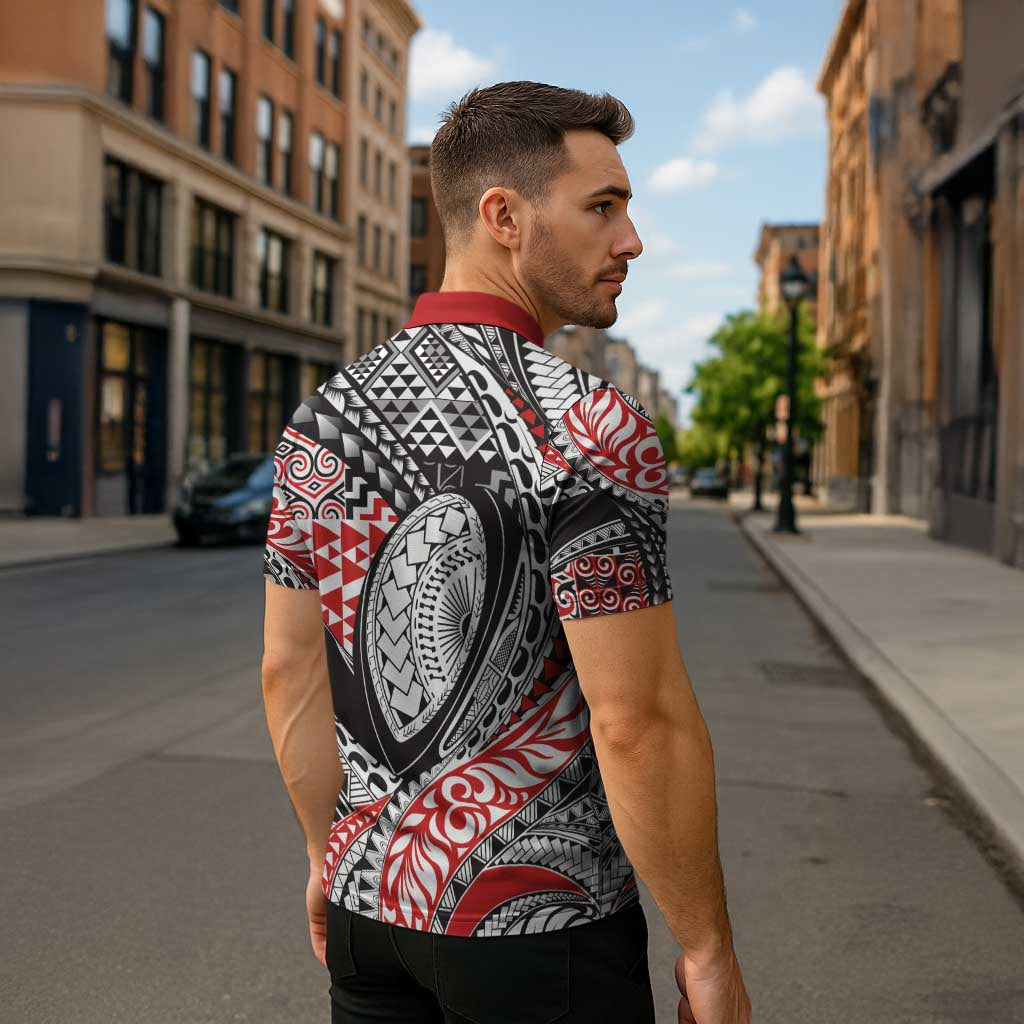 Aotearoa Maori Rugby Tribal Tattoo Zipper Polo Shirt Kowhaiwhai Taniko Patchwork Motifs - Polynesian Pride