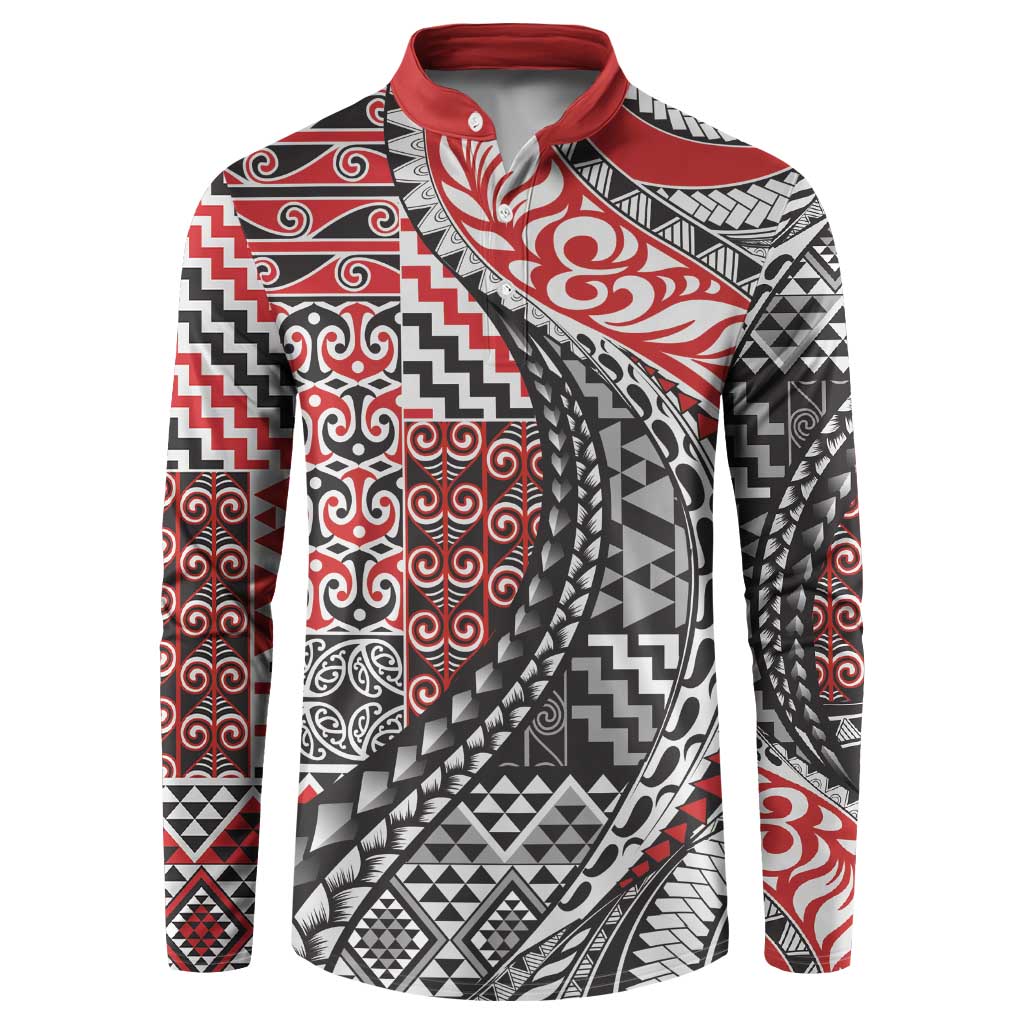 Aotearoa Maori Tribal Tattoo Button Sweatshirt Kowhaiwhai Taniko Patchwork Motifs LT9 Red - Polynesian Pride