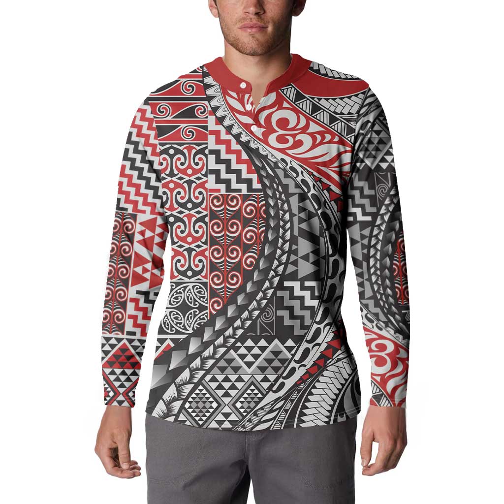 Aotearoa Maori Tribal Tattoo Button Sweatshirt Kowhaiwhai Taniko Patchwork Motifs LT9 - Polynesian Pride