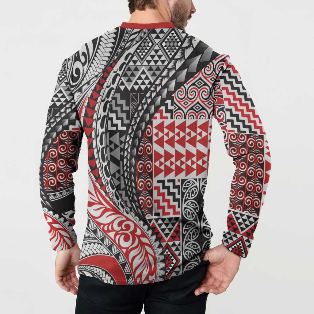Aotearoa Maori Tribal Tattoo Button Sweatshirt Kowhaiwhai Taniko Patchwork Motifs LT9 - Polynesian Pride
