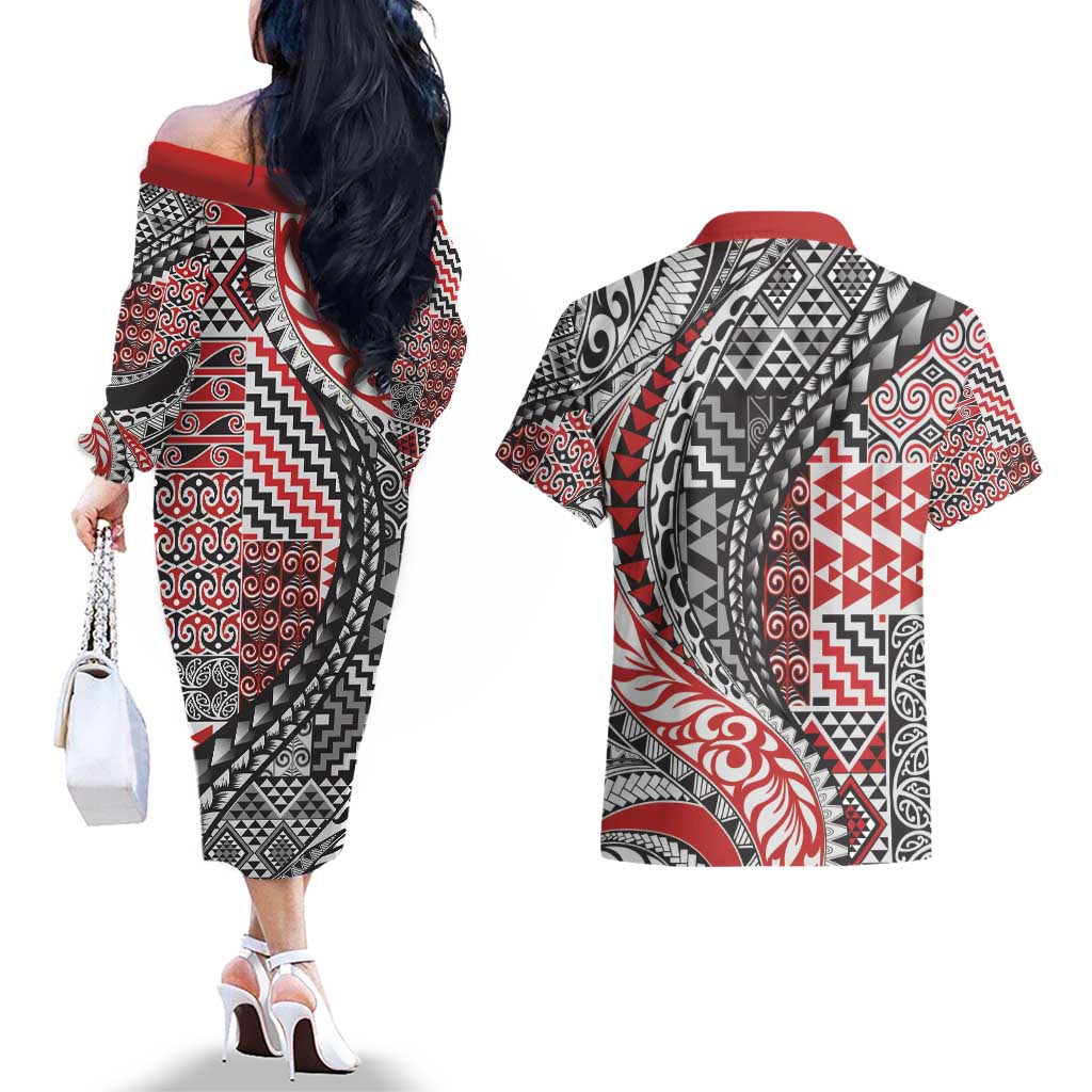 Aotearoa Maori Tribal Tattoo Couples Matching Off The Shoulder Long Sleeve Dress and Hawaiian Shirt Kowhaiwhai Taniko Patchwork Motifs