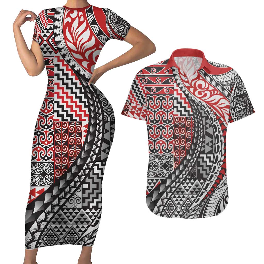 Aotearoa Maori Tribal Tattoo Couples Matching Short Sleeve Bodycon Dress and Hawaiian Shirt Kowhaiwhai Taniko Patchwork Motifs LT9 Red - Polynesian Pride
