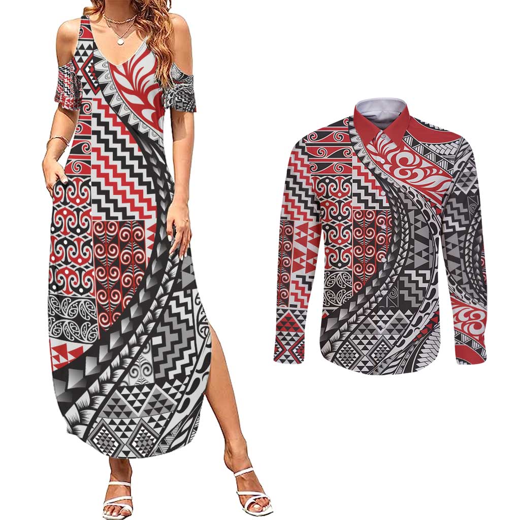 Aotearoa Maori Tribal Tattoo Couples Matching Summer Maxi Dress and Long Sleeve Button Shirt Kowhaiwhai Taniko Patchwork Motifs LT9 Red - Polynesian Pride