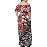 Aotearoa Maori Tribal Tattoo Family Matching Off Shoulder Maxi Dress and Hawaiian Shirt Kowhaiwhai Taniko Patchwork Motifs