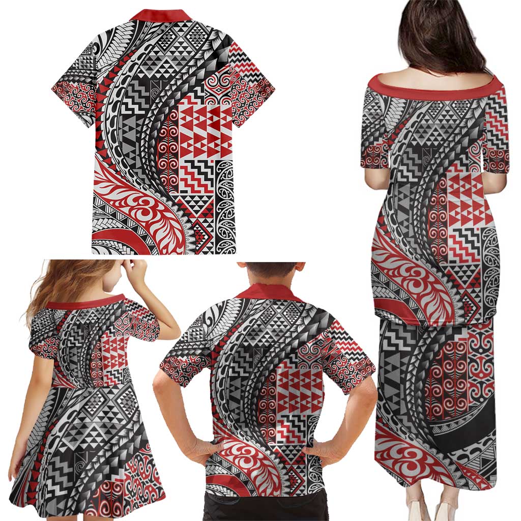 Aotearoa Maori Tribal Tattoo Family Matching Puletasi and Hawaiian Shirt Kowhaiwhai Taniko Patchwork Motifs