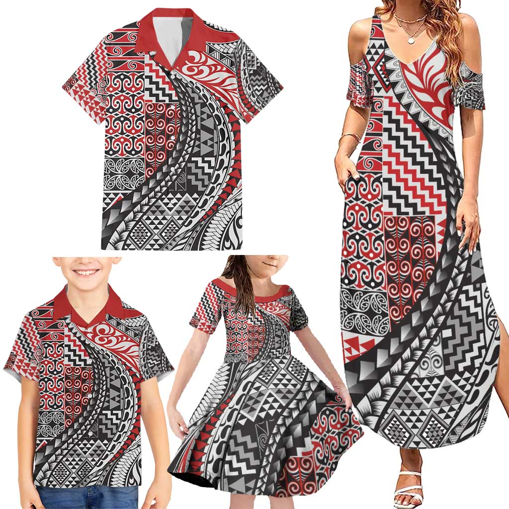 Aotearoa Maori Tribal Tattoo Family Matching Summer Maxi Dress and Hawaiian Shirt Kowhaiwhai Taniko Patchwork Motifs