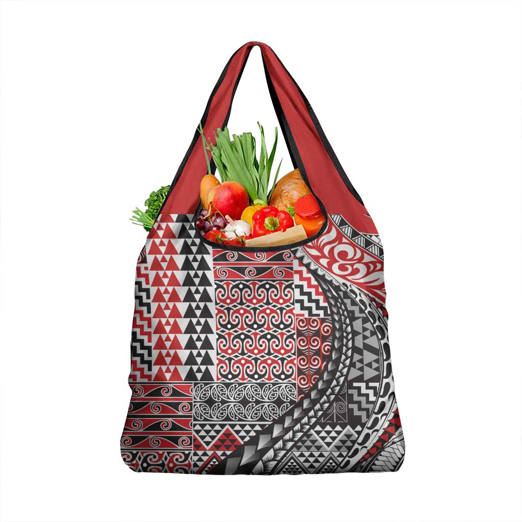 Aotearoa Maori Tribal Tattoo Grocery Bag Kowhaiwhai Taniko Patchwork Motifs LT9 1-pack One Size Red - Polynesian Pride