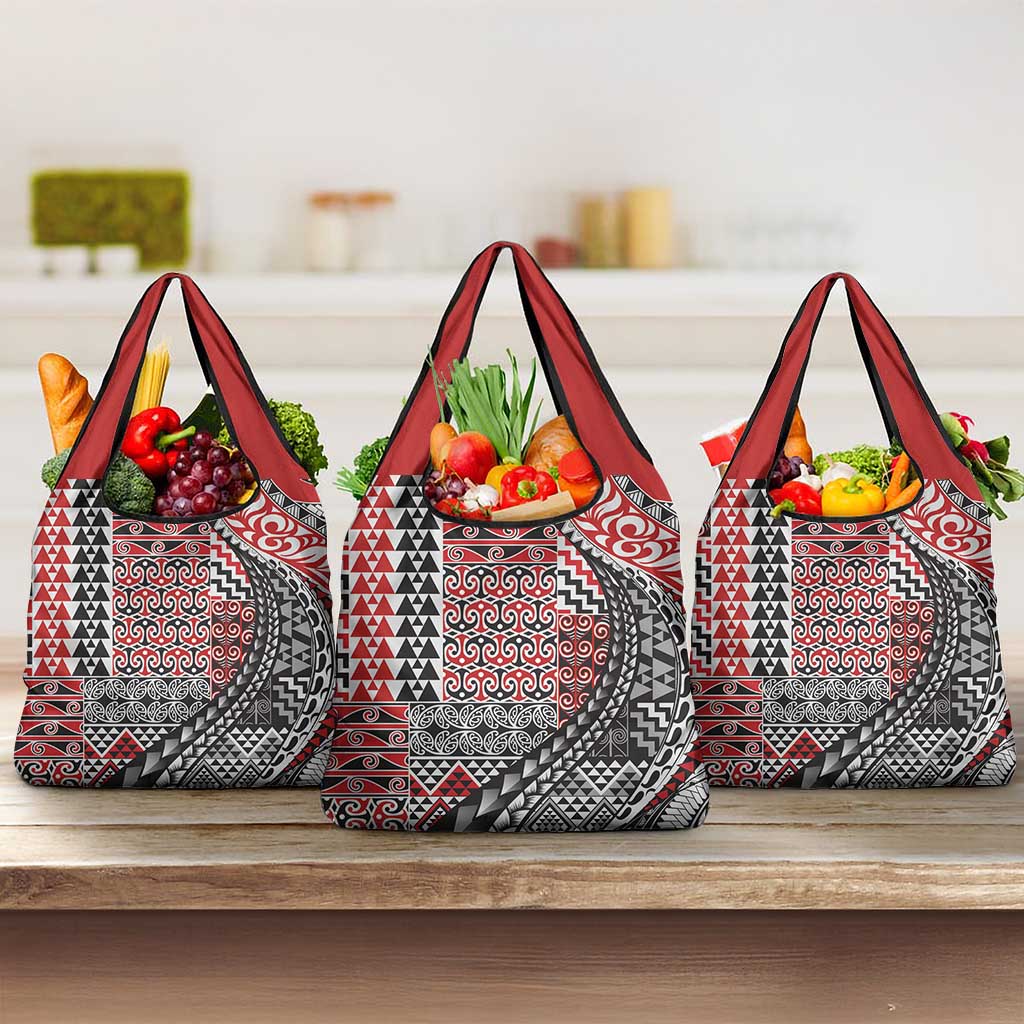 Aotearoa Maori Tribal Tattoo Grocery Bag Kowhaiwhai Taniko Patchwork Motifs LT9 3-pack One Size Red - Polynesian Pride