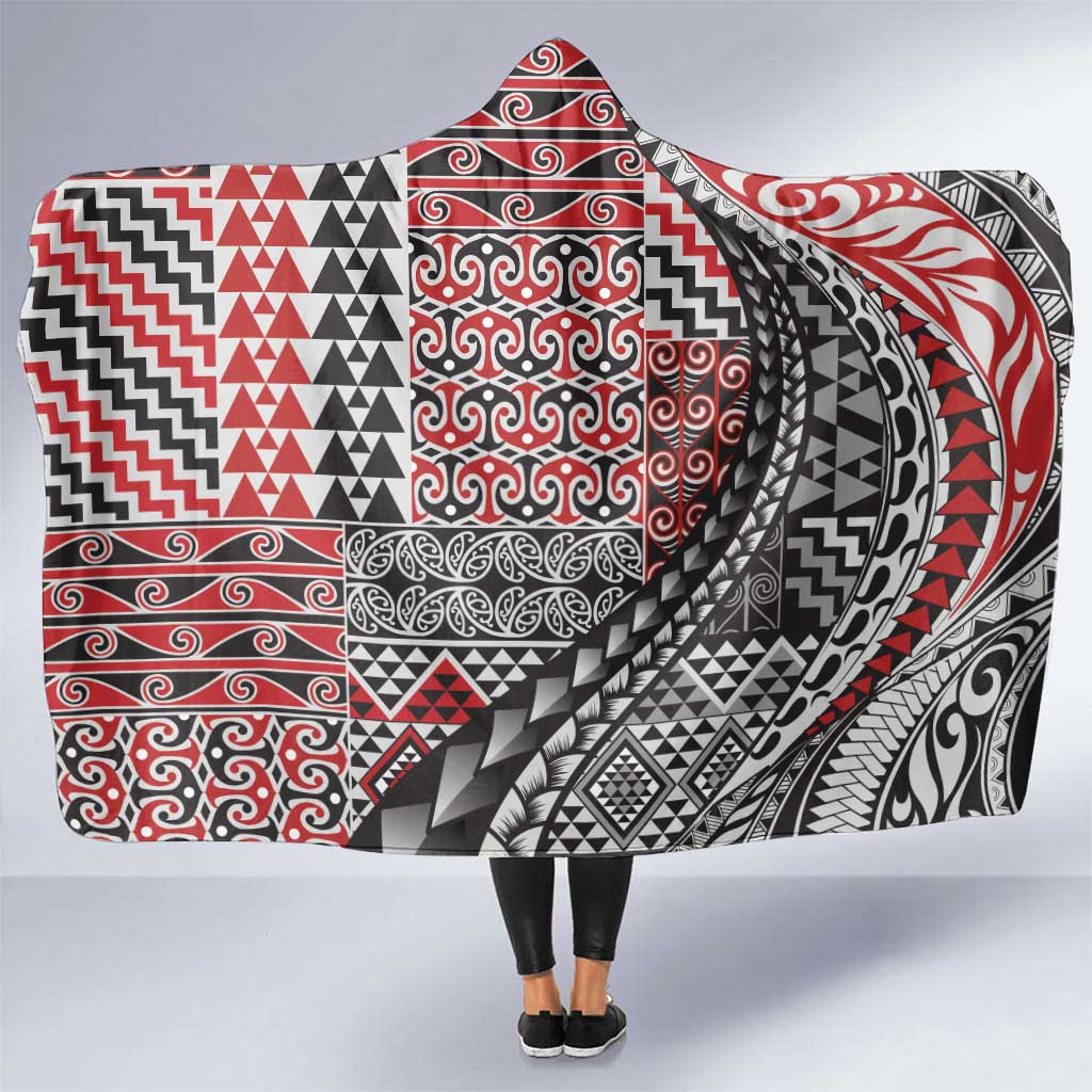 Aotearoa Maori Tribal Tattoo Hooded Blanket Kowhaiwhai Taniko Patchwork Motifs LT9 One Size Red - Polynesian Pride