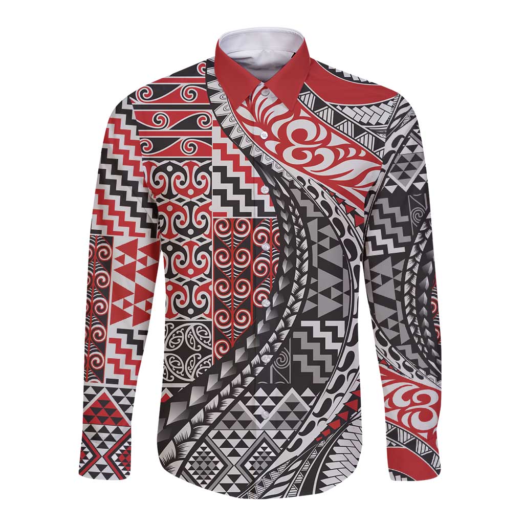 Aotearoa Maori Tribal Tattoo Long Sleeve Button Shirt Kowhaiwhai Taniko Patchwork Motifs LT9 Unisex Red - Polynesian Pride