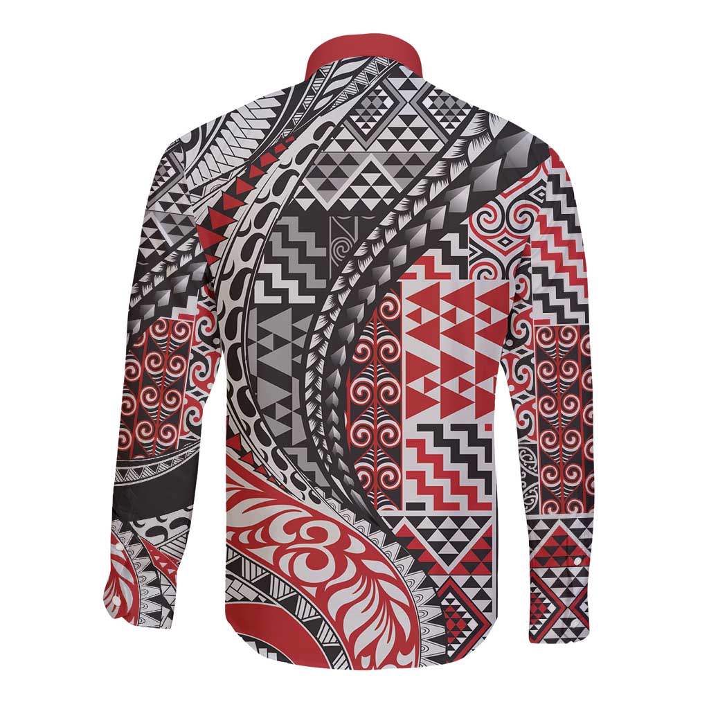 Aotearoa Maori Tribal Tattoo Long Sleeve Button Shirt Kowhaiwhai Taniko Patchwork Motifs LT9 - Polynesian Pride