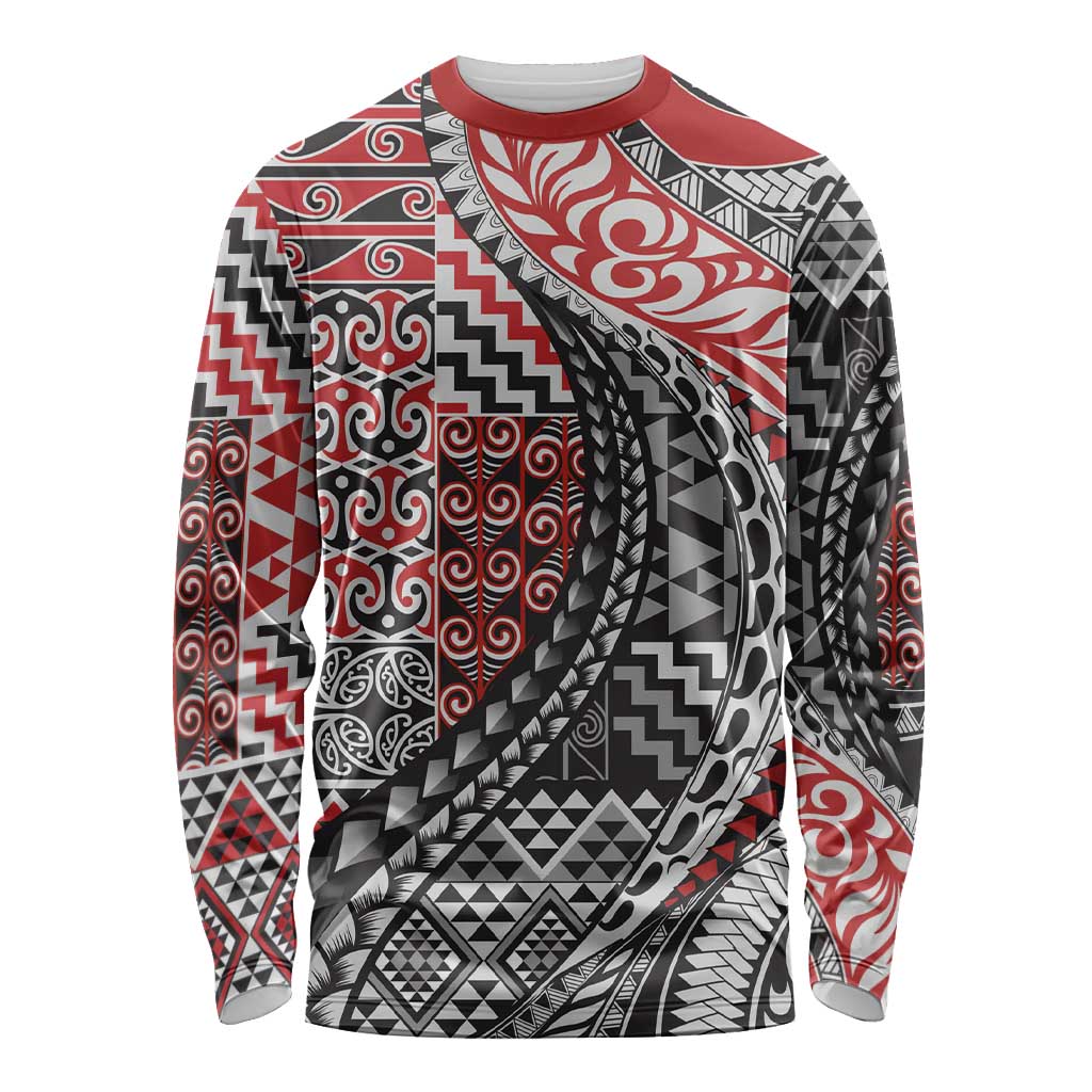 Aotearoa Maori Tribal Tattoo Long Sleeve Shirt Kowhaiwhai Taniko Patchwork Motifs LT9 Unisex Red - Polynesian Pride