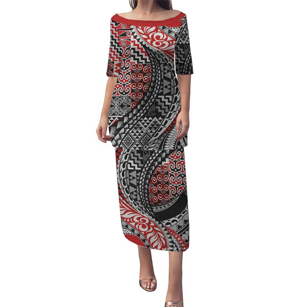 Aotearoa Maori Tribal Tattoo Puletasi Kowhaiwhai Taniko Patchwork Motifs LT9 Long Dress Red - Polynesian Pride