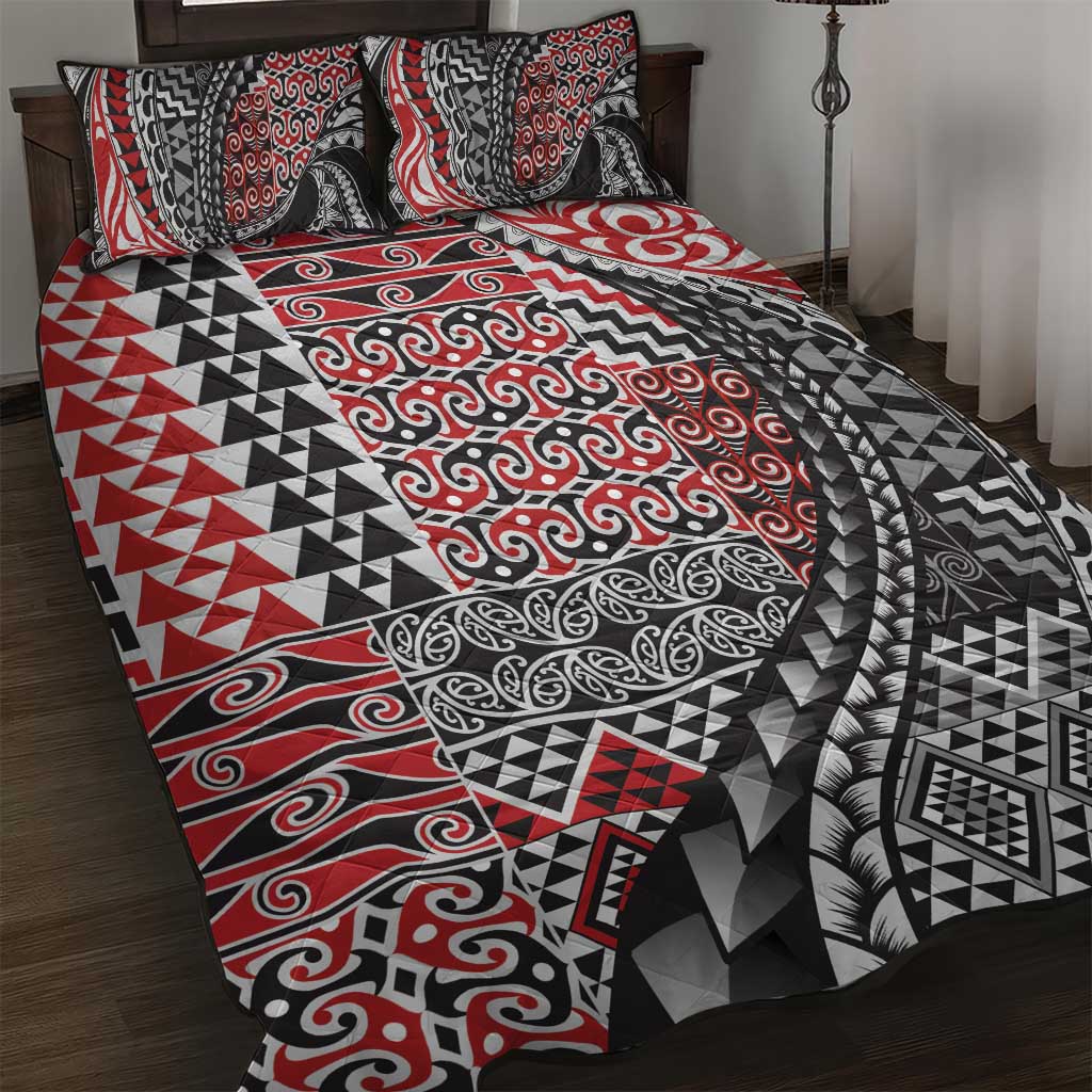 Aotearoa Maori Tribal Tattoo Quilt Bed Set Kowhaiwhai Taniko Patchwork Motifs LT9 Red - Polynesian Pride