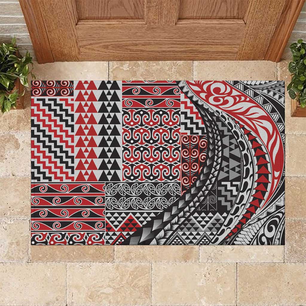 Aotearoa Maori Tribal Tattoo Rubber Doormat Kowhaiwhai Taniko Patchwork Motifs LT9 Red - Polynesian Pride