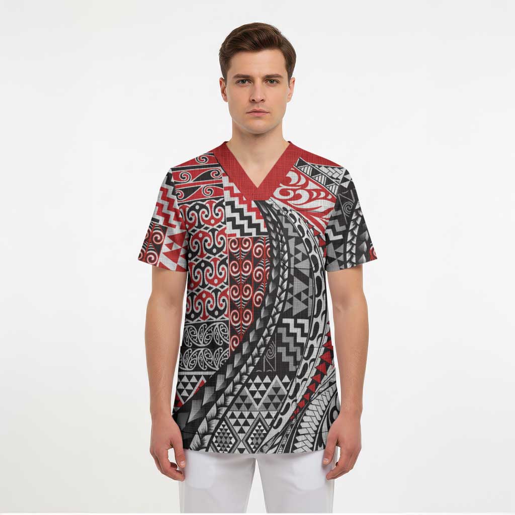 Aotearoa Maori Tribal Tattoo Scrub Top Kowhaiwhai Taniko Patchwork Motifs - Polynesian Pride