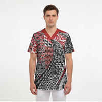 Aotearoa Maori Tribal Tattoo Scrub Top Kowhaiwhai Taniko Patchwork Motifs - Polynesian Pride
