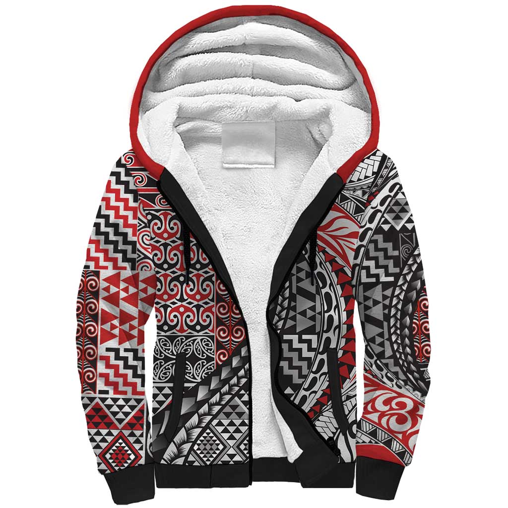 Aotearoa Maori Tribal Tattoo Sherpa Hoodie Kowhaiwhai Taniko Patchwork Motifs LT9 Unisex Red - Polynesian Pride