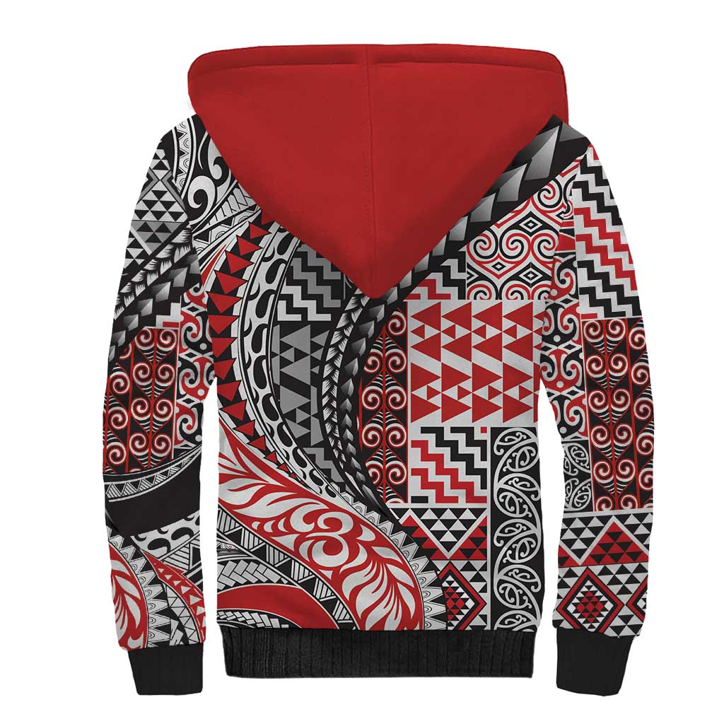 Aotearoa Maori Tribal Tattoo Sherpa Hoodie Kowhaiwhai Taniko Patchwork Motifs LT9 - Polynesian Pride