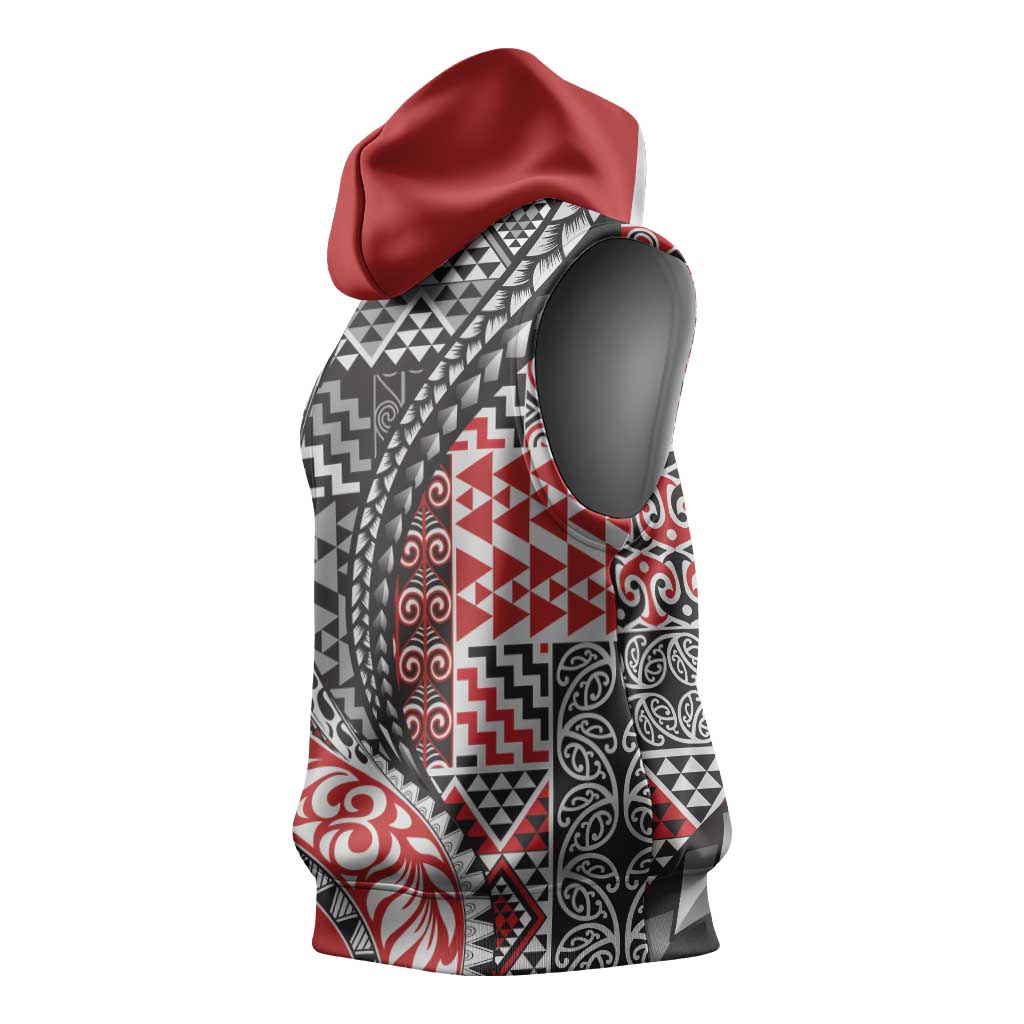 Aotearoa Maori Tribal Tattoo Sleeveless Hoodie Kowhaiwhai Taniko Patchwork Motifs - Polynesian Pride