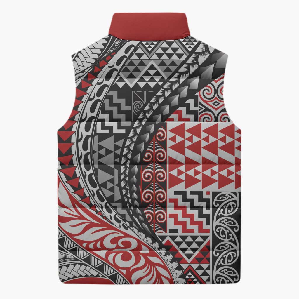Aotearoa Maori Tribal Tattoo Sleeveless Puffer Jacket Kowhaiwhai Taniko Patchwork Motifs - Polynesian Pride