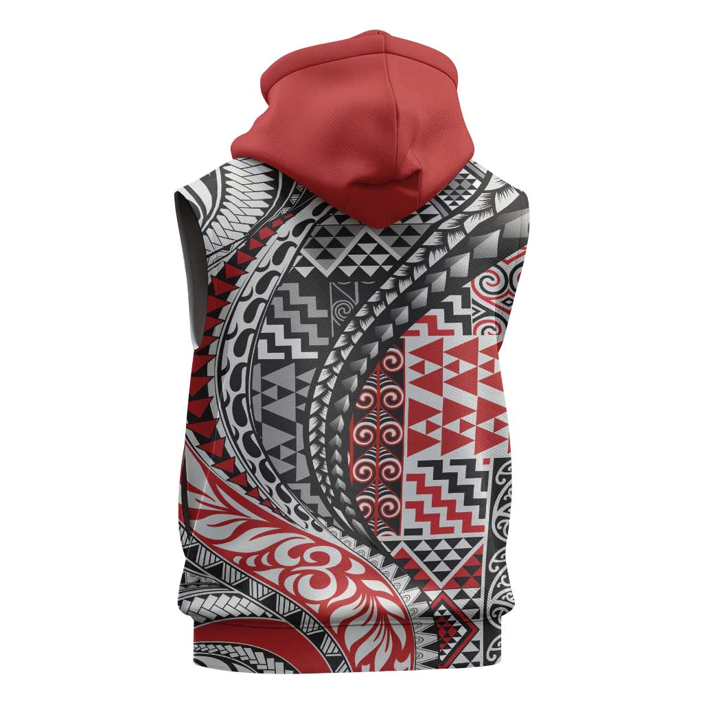 Aotearoa Maori Tribal Tattoo Sleeveless Zip Hoodie Kowhaiwhai Taniko Patchwork Motifs - Polynesian Pride