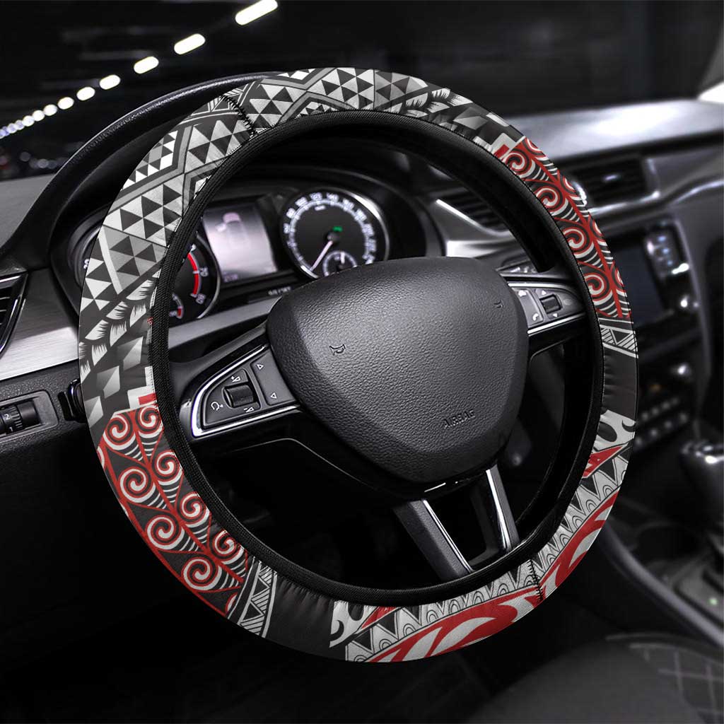 Aotearoa Maori Tribal Tattoo Steering Wheel Cover Kowhaiwhai Taniko Patchwork Motifs LT9 Universal Fit Red - Polynesian Pride